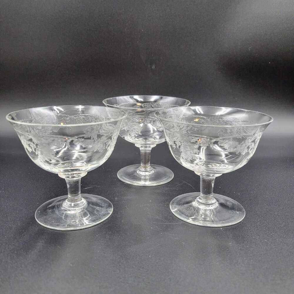 Vintage Dessert Dish Bowl Footed Clear Etched Thin Glass Set Of 3 Read
